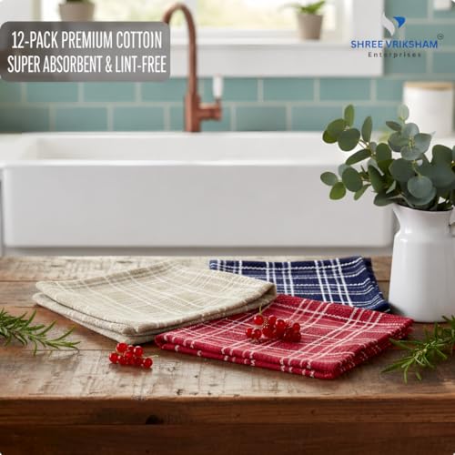 Image of Vriksham Premium Set of 12-Piece Pure Cotton Dish Towels - Highly Absorbent, Quick-Dry & Multipurpose Kitchen Cleaning Cloths,18 x 18 inch (12, Multi 18x18)