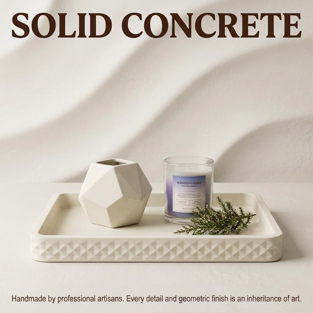 Cement Concrete Beige Coffee Table Tray | Rectangular, Textured Diamond Pattern, Raised Edges, Multi-Purpose