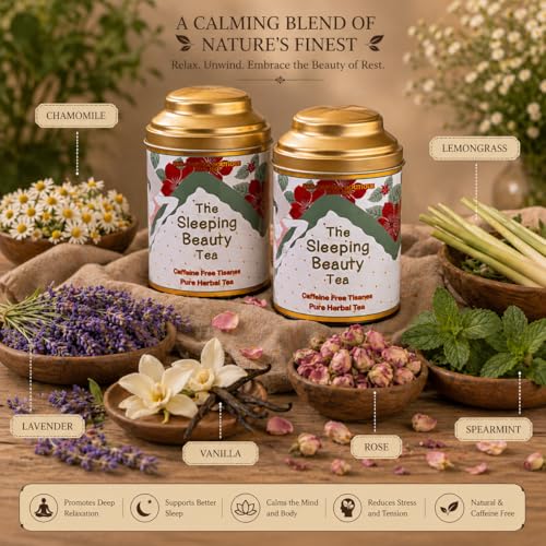 Image of Sancha Tea Boutique, Sleeping Beauty Tea, Caffeine Free Herbal Tisane for Sleep, Great for Bedtime, Blend of Vanilla /Rose /Lavender /Chamomile Flowers, 30g (Pack of 2)