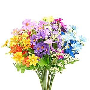 6 Bundles Outdoor Artificial Flowers for Decoration,Silk Flowers UV Resistant Fake Flowers No Fade Faux Flowers Bouquet Hanging Plants for Indoor Outside Farmhouse Home Garden Rainbow Daisy Mums