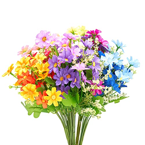 6 Bundles Outdoor Artificial Flowers for Decoration,Silk Flowers UV Resistant Fake Flowers No Fade Faux Flowers Bouquet Hanging Plants for Indoor Outside Farmhouse Home Garden Rainbow Daisy Mums