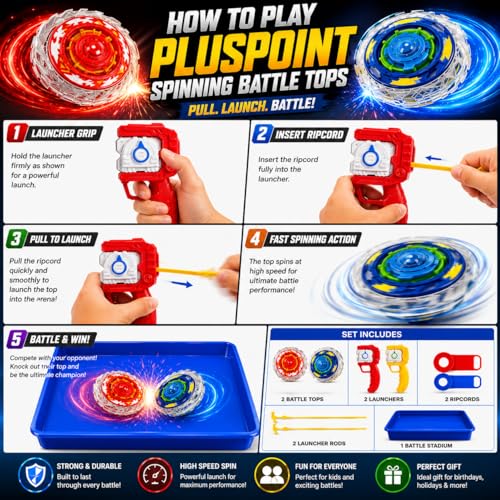 Image of PLUSPOINT Spining Battle Top Toy Set of 2 Tops and 1 Tray with Launcher and Grip, Metal Gyro Fighting Tops Starter Set for Kids, Competitive Spin Game Toy Gift for Boys and Girls Age 6+
