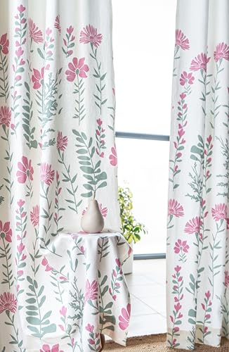 Image of Tranquebar Curtain Co. Cotton Curtains 8 Feet Long, 60-65% Room Darkening, Pink Floral Print, 8 Feet Curtains, 8 Feet Curtains, BackTab Loops, Design Mazzo (244 cm) - Set of 2