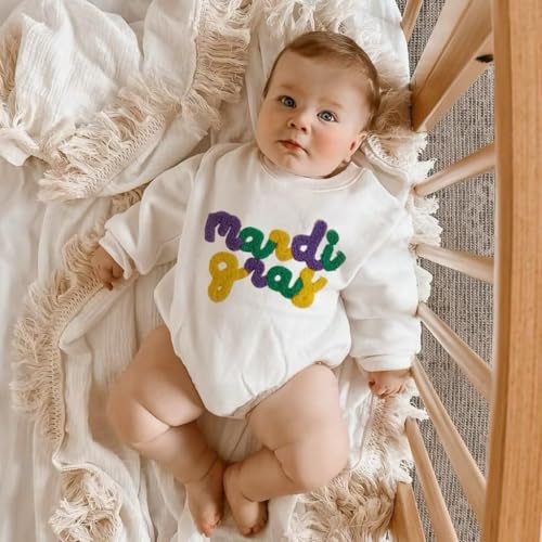 Honganda Baby Boy Girl Mardi Gras Romper Sweatshirt Letters Embroidered Bubble Onesie Fall Carnival Festival Holiday Outfit2