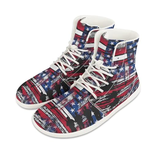 Quxjehoe American Flag Soldier Men's Barefoot Shoes Wide Toe Box Fashion Sneakers PU Leather High Top Boots Comfortable Casual Shoes Laces Outdoor Shoes US Size 5-14 White