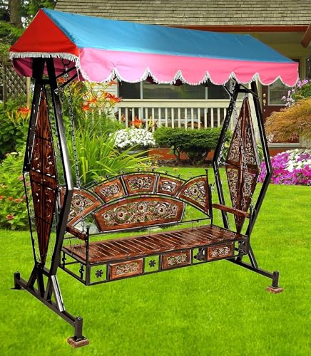 Image of 2 /3 Seater Mango Wood & Wrought Iron Swing Jhoola for Balcony Garden Jhula Outdoor /Indoor Hammock for Relaxation Elegant Intricate Design - Natural Brown & Black (Model /Sise - 4)