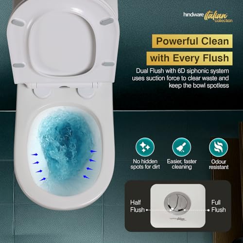 Image of Hindware Italian Collection Ascent One-piece EWC for Bathroom | S-300 Trap | Made of Ceramic | 10-year Warranty | 6D Syphonic Flushing | Duroplast Seat Cover | Rimless Design | Soft Close
