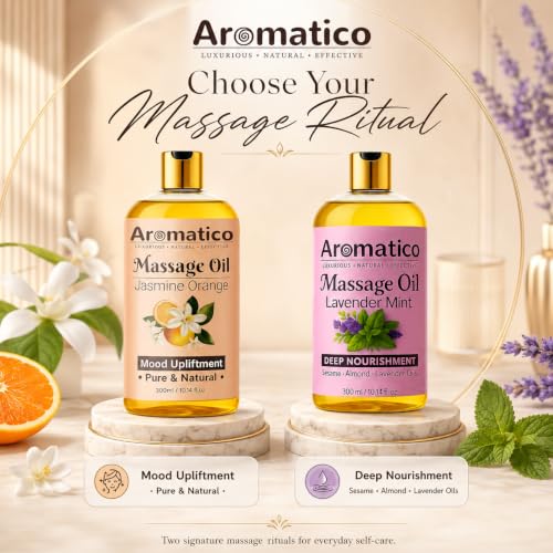 Image of AROMATICO - Lavender Mint & Jasmine Orange Massage Oils Pack of 2. For Mood Upliftment, Muscle Relaxation & Skin Nourishment, 100% Natural, Non-Sticky 300ml Pack of 2
