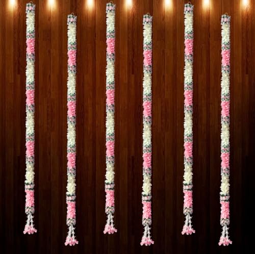 Image of Tia Crafts Artificial White Gajra Jasmine & Colourful Flower Strings Wedding Decorations, Event Decor Perfect Diwali, Ganpati & Pooja /Temple /Mandir Decoration, 5Ft (Baby Pink - 5Ft, 6, 5 Feet)