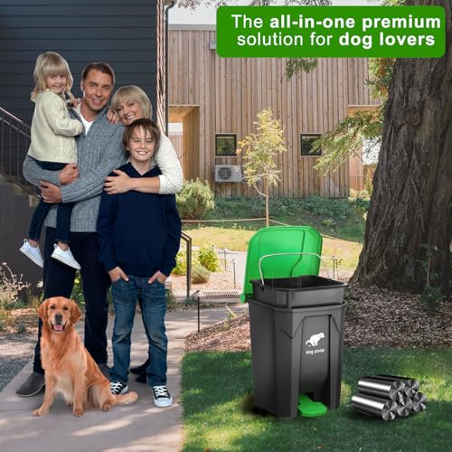 Image of Dog Poop Trash Can Outside, 20L /5Gallon Dog Waste Trash Can with Lid, Pedal and Removable Inner Waste Bin, Pet Poop Bucket with 100 Bags, Green