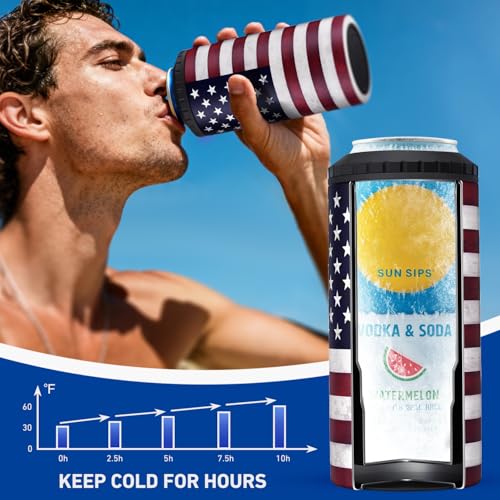 Image of 3 in 1 Slim Can Cooler for 12 OZ Skinny Can, Regular Can & Beer Bottle - Keep Cold for 6 Hours - Double Walled Insulated Stainless Steel Vacuum Beverage Insulator (US Flag)