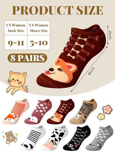 Suhine 8 Pairs Cute No Show Socks for Women Funny Animal Ankle Socks Non Slip Cartoon Invisible Flat Boat Liner Socklets(Lovely Animal)2
