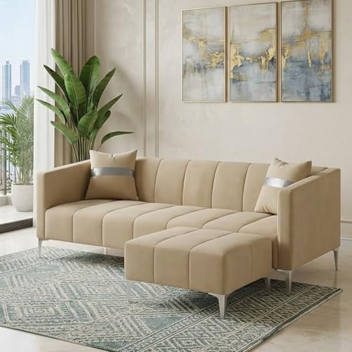 Image of Solomon 4 Seater L Shape Sofa Set with Movable Ottoman | Flexible Left or Right Layout | Luxe Velvet Suede Fabric | Comfortable Seating | Modern Sofa for Living Room - Beige