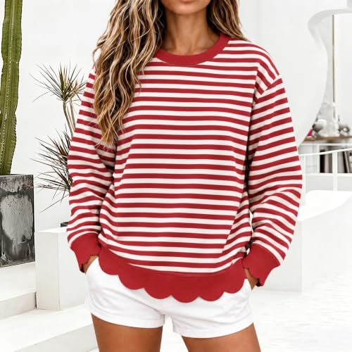 Womens Scalloped Crewneck Sweatshirt Striped Long Sleeve Tops 2026 Red - image 3