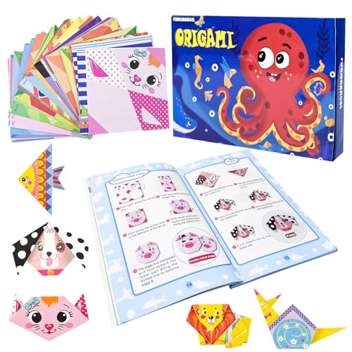 Maxentico Manualidades Niños 10 Años, Papel Origami de Artes, Papiroflexia para Niños Paper, Cartulinas Folios de Colores(14×14), con Libro de Origami para Niños Clase de Manualidades Escolares