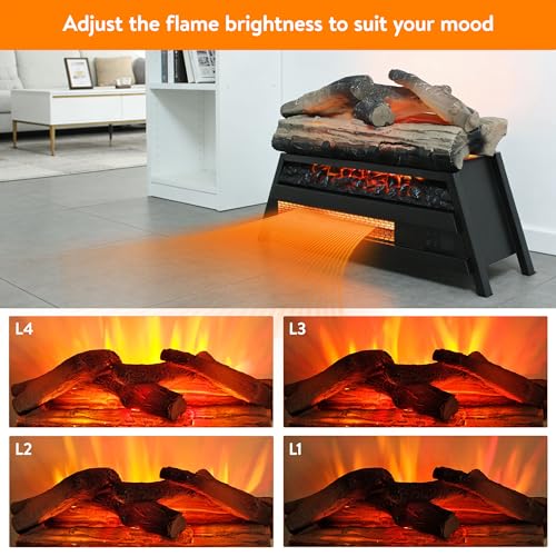 Image of 23 inch Electric Fireplace Log Set, Fireplace Heater w /Adjustable 4 Flame Brightness, Realistic Flame & Log, Remote, Timer, Thermostat, 1500W