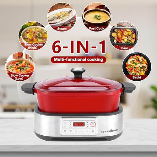 Electric-Dutch-Oven-Multi-Cooker-58QT-Enameled-Cast-Iron-Pot-1250W-Fast-Heating-6-Preset-Functions-Digital-Display-Keep-Warm-Oven-Safe-Pot-To-392-with-Removable-Pot-Steam-Rack Electric Dutch Oven Multi Cooker 58QT Enameled Cast Iron Pot 1250W Fast Heating 6 Preset Functions Digital Display Keep Warm Oven Safe Pot To 392 with Removable Pot Steam Rack