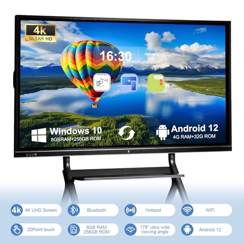 Image of 86″ Smart Board, 4K UHD Touchscreen Interactive Whiteboard with Dual System, 8+256GB Digital Whiteboard Display for Classroom, Home and Business Office, Google EDLA Certified (Wall Mount Included)