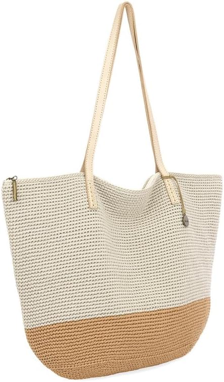 The Sak Faye Tote in Crochet, Double Shoulder Straps, Natural & Bamboo Block