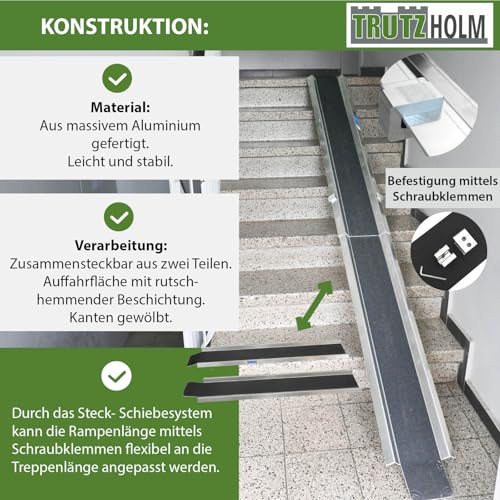 TRUTZHOLM Anti-Rutsch Alu Auffahrampe zusammensteckbar 150-270 cm verstellbar 50 kg Treppenrampe E-Bike Moped starr schwarz/grau