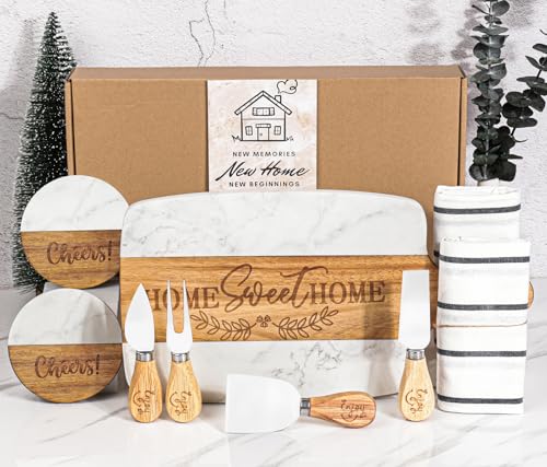 House Warming Gifts New Home,11 Pcs Housewarming Gifts Basket for New House,Unique Housewarming Gift Baskets for Couples, Clients, Women (White Marble)