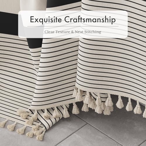 Image of AmazerBath Boho Shower Curtain, Modern Farmhouse Shower Curtain Set with Tassels, Rustic Faux Linen Black Striped Shower Curtain with Hooks, Light Tan Toned, 72x72 Inches