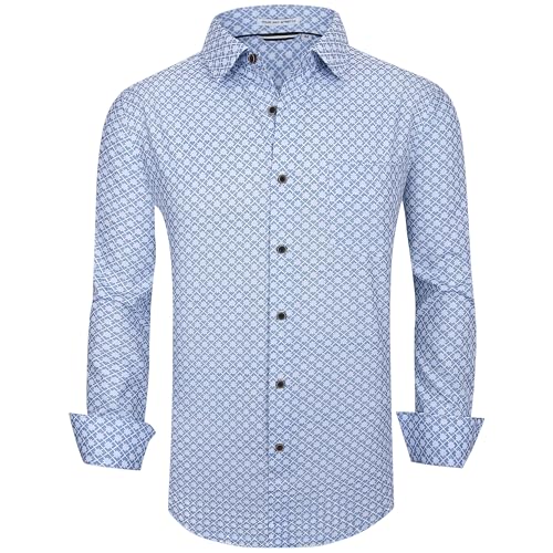 WARHORSEE Mens Casual Button Down Dress Shirts Long Sleeve 4-Way Stretch Collared Printed Business Work Shirt,WhiteNavy04274,XL