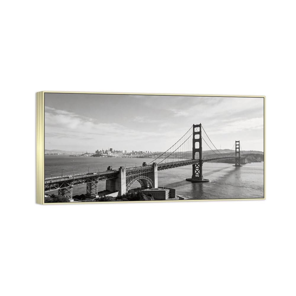 Sea Bridge 3 Black White Landscape Canvas Picture 60x120cm Silver Frame