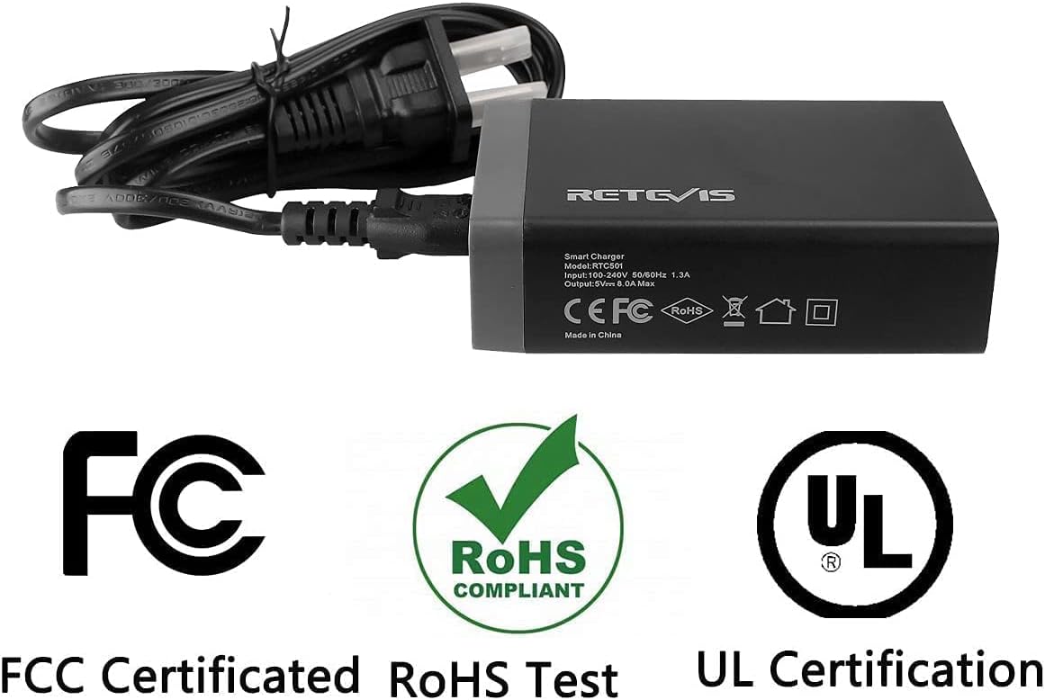 Retevis 5-Port USB Wall Charger Radio Charging Station Compatible with RT68 RB28 RT19 RT22P NR10 RT18 RT22S H777 RB89 RT86 RT45P RB29 Baofeng Cobra HYT Walkie Talkies and iPhone (1 Pack)