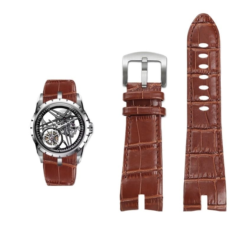 Bracelet de montre en cuir véritable marron et argenté pour King Excalibur