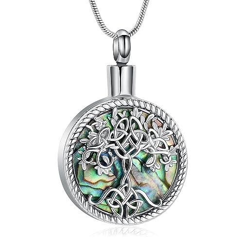 XSMZB Tree of Life Urn Necklace for Ashes Eternity Keepsake Cremation Jewelry for Ashes for Human/Pet Memorial Pendant Locket (Abalone Shell)