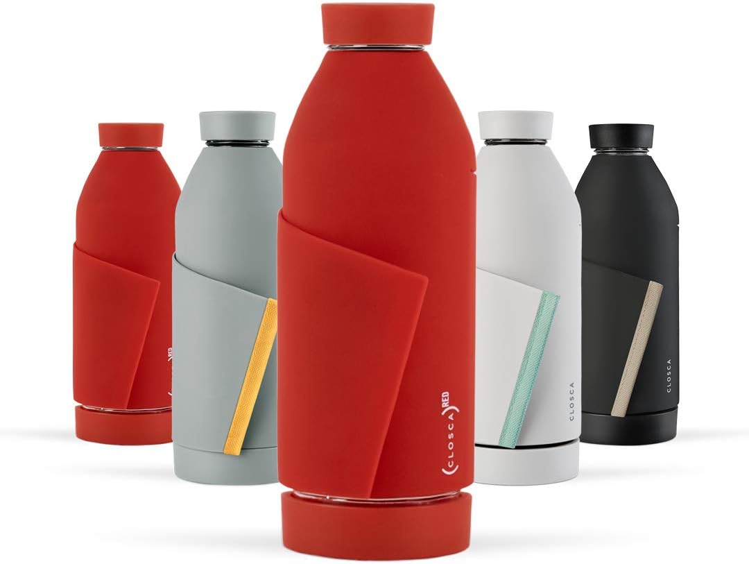 Closca Glass Water Bottle 420 ml Bottle, BPA Free Glass Canteen. Double Opening and Elastic Flap for Easy Transport.