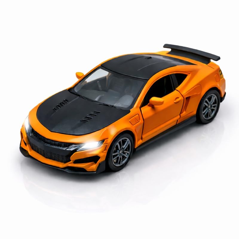 Image of 1:36 Scale Chevrolet Camaro Toy Car - Die-Cast Metal Pull Back Vehicle with Openable Doors, Lights & Music - Sports Model for Kids, Boys & Collectors (Orange)