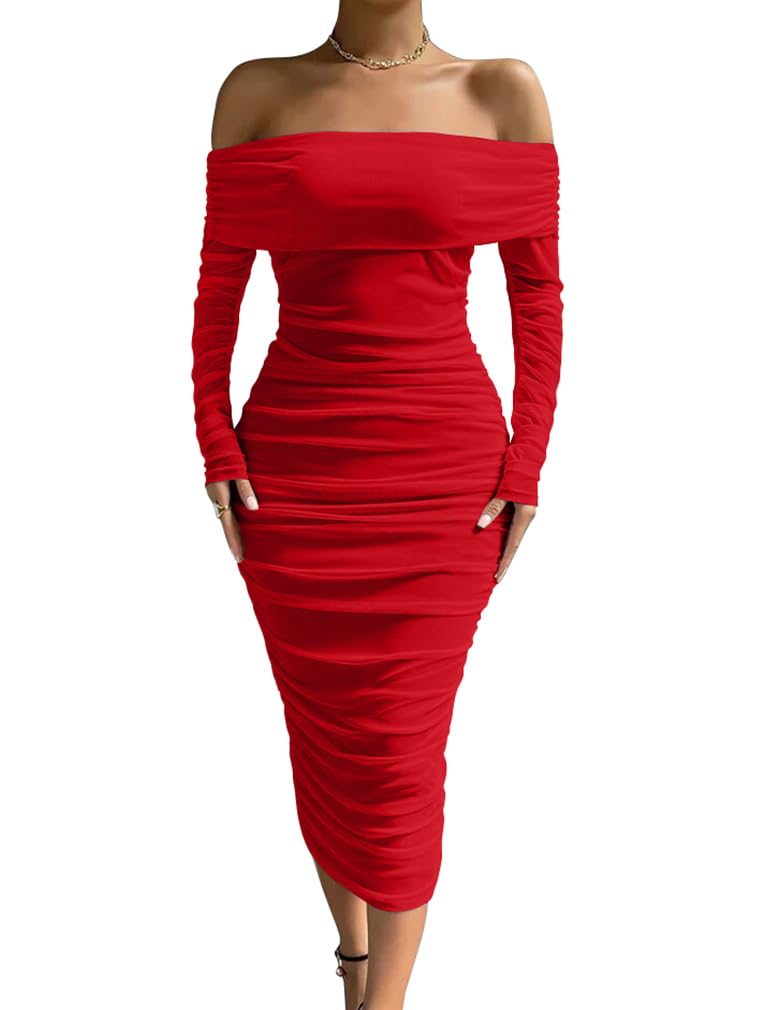 LAGSHIAN Women Sexy Off Shoulder Long Sleeve Bodycon Ruched Midi Elegant Cocktail Party Dress
