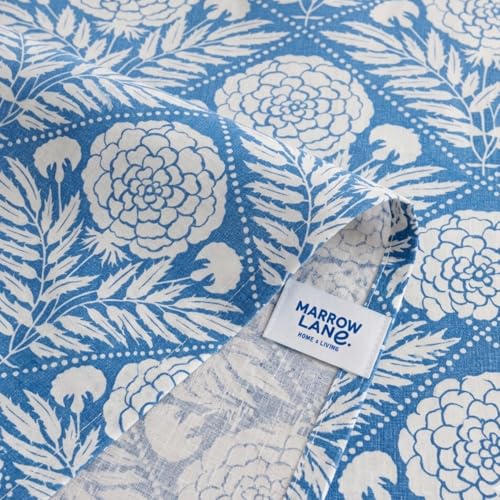 Image of Marrow Lane 300 TC Soft Air Cotton King Size Bedsheet, (108x108 Inches) with 2 Pillow Covers | Ultra Soft, Breathable & Durable | Block Print Floral Design | Blue & White