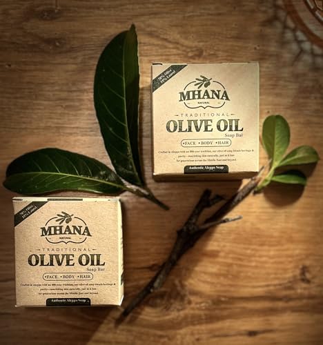 MHANA Authentic Aleppo Soap Bar 77% Olive Oil & 15% Laurel Oil Handmade Natural Soap for Sensitive Skin Eczema & Acne Face Body & Hair Vegan SLS-Free Paraben-Free (200g)