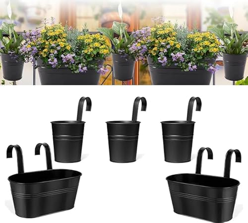 Accmuzzy 5er Set Blumentopf zum Aufhängen,Blumenkasten Balkongeländer,Hängetopf,Metall Blumentopf Balkongeländer mit Abnehmbarem Haken&Drainageloch(Schwarz)
