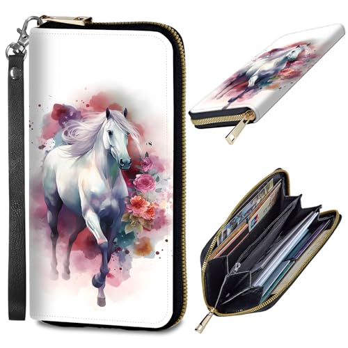 Womens Wallet, PU Leather RFID Cute Wristlet Wallets for Girls Women Ladies Purse Large Credit Card Clutch Purse Card Holder Coin Pocket Travel Wallets with Zipper, Watercolor White Horse
