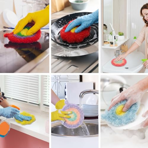 Image of Kenning 16 Pcs Dish Scrubber Non Scratch Dish Washing Scrubbers Reusable Household Cleaning Kitchen Tools for Dishwashing Washing Dishes Cookware Tubs Sinks (Flower)