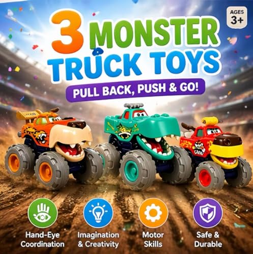 Image of MOONTOY Toy Cars for Toddlers 1-3, 3 Pack Monster Truck Toys for 1 2 3 Year Old Boy Gifts, Baby Animal Play Vehicle Push Pull Back Truck for 12-18 Months 2-4 0-2 1-2 One Year Old Boy 1st Birthday Gift