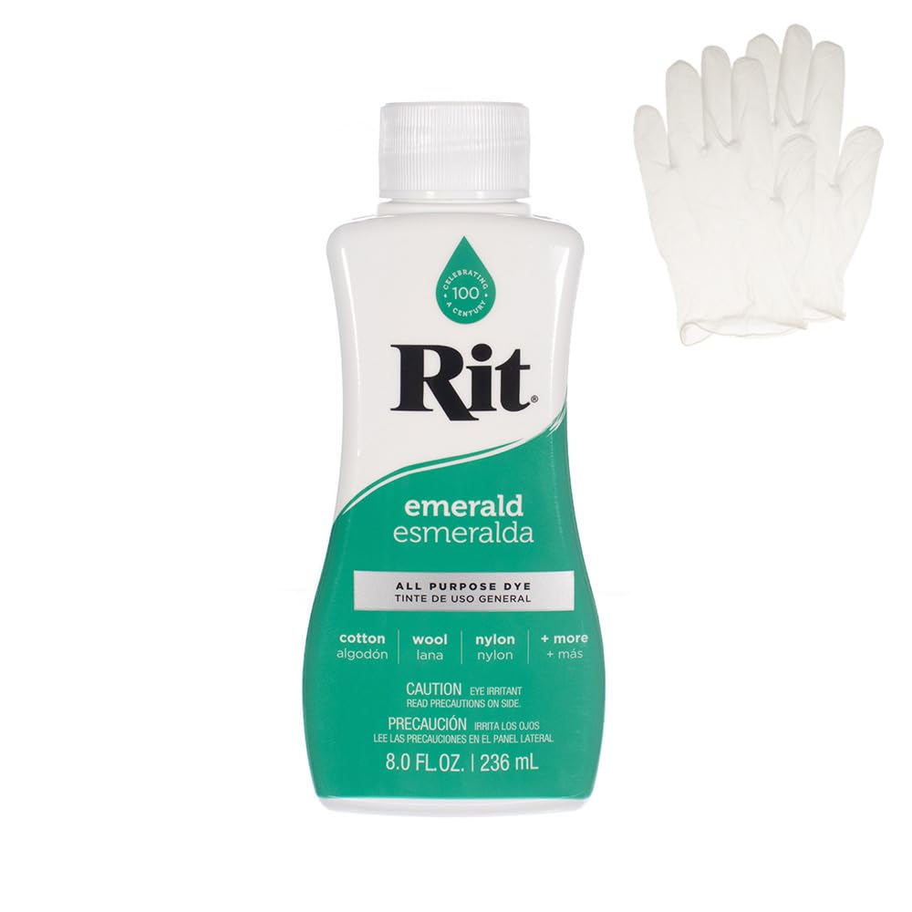 Rit Dye - Liquid Fabric Dye for Crafting Clothing, and Décor - 8 oz. Bottle - Emerald (Gloves Included)