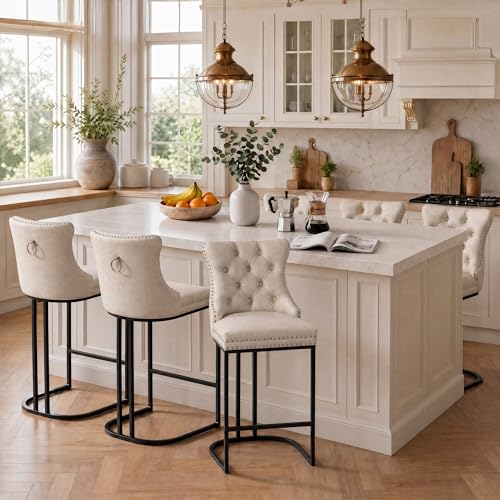 Image of UVV Counter Height Bar Stools Set of 2, 26 inch Modern Barstools with Back, Faux Leather Upholstery Counter Chairs with Metal Legs for Kitchen Island, Bar, Counter, Beige