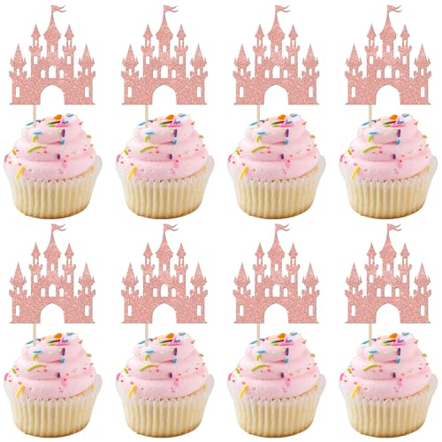 24 PCS Castle Cupcake Toppers Glitter Queen Princess Castle Cupcake Picks Castle Theme Birthday Party Decoration for Princess Birthday Girls Baby Shower Party Cake Decorations Supplies Rose Gold