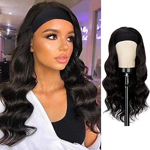 Stamped Glorious Long Wavy Wigs for Black Women Synthetic Curly Wavy Headband Wig Natural Black Replacement Wig for Daily Party Wear