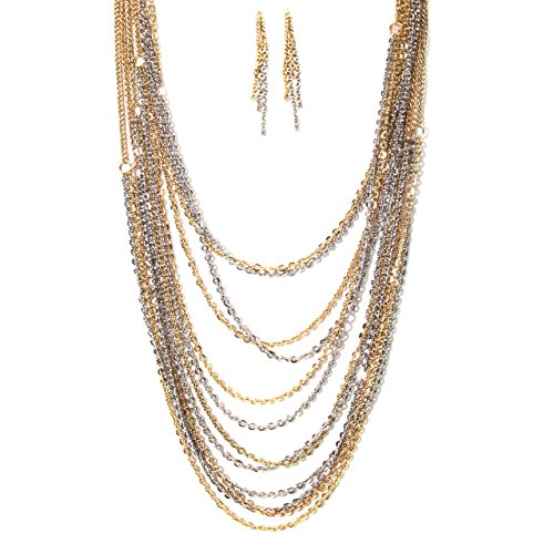 Looklove Women’s Jewelry Long Silver And Gold Chain Necklace (20" With A 3" Extender) 9 And Earrings (3" Long) Set #TOP11