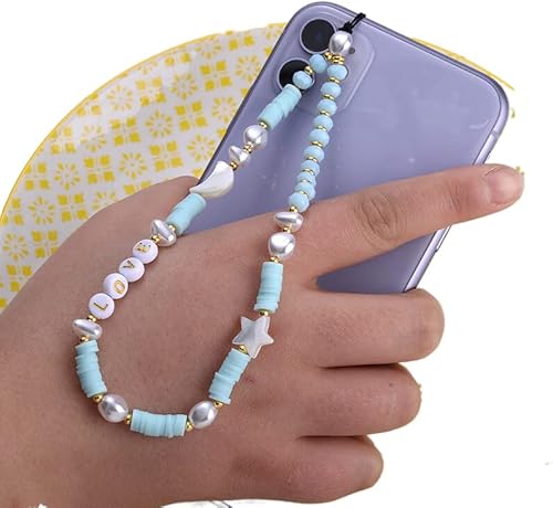 SYSUII Beaded Phone Lanyard Wrist Strap,Kawaii Love Heart Letters Star Moon Beaded Phone Charm Colorful Rainbow Phone Chain Strap for Women Girl Pearl Bracelet Keychain Cute Phone Decoration,Blue