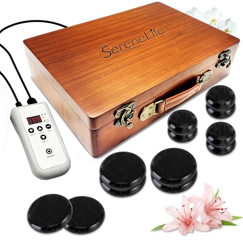 SereneLife Hot Stones Massage Set mit Wärmer – Beheiztes Rundes Basaltstein-Kit 12 große & kleine Steine, Tragbare Elektrische Heiztasche, Digitaler Regler, Profi & Heim-Spa