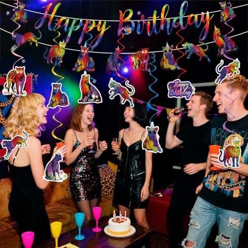 Image of Cheetah Print Birthday Decorations Include Neon Cheetah Happy Birthday Banners Hanging Swirls Jungle Rainbow Leopard Themed Birthday Party Supplies