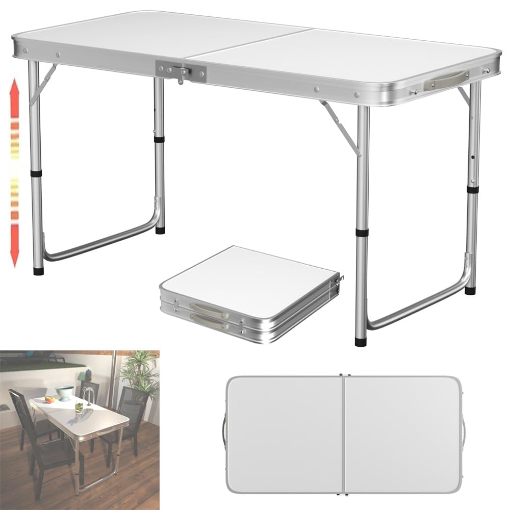 Aluminium Folding Table - Portable Lightweight Camping With Extra Strength Trestle Design, Power Coated Adjustable Height for Wedding, Garden Party, Picnic BBQ, Dinning With Carrying Handle