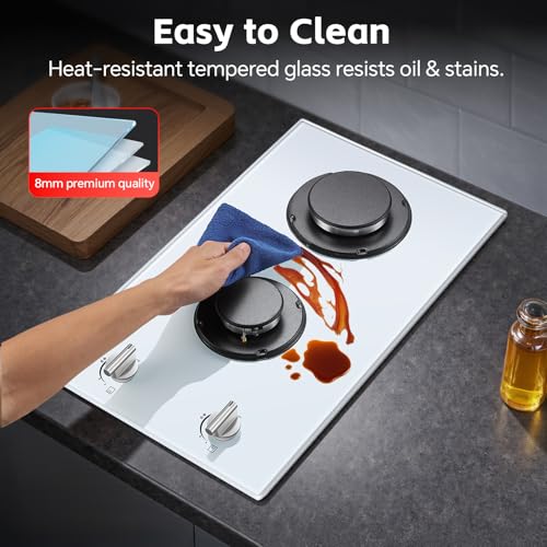 SNDOAS Gaskochfeld 2 Flammig, Weiß Glas Gasherd 30cm mit Automatischer Flammenschutz, Erdgas und Propangasl, Einbau/Freistehend, 2400 W/1800 W, 220-240V